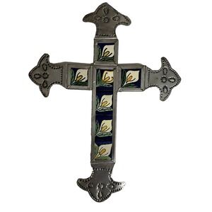 Handmade Mexican Wall Cross Silver Tone Tin‎ Punch Talavera Lily Tiles 10.5"